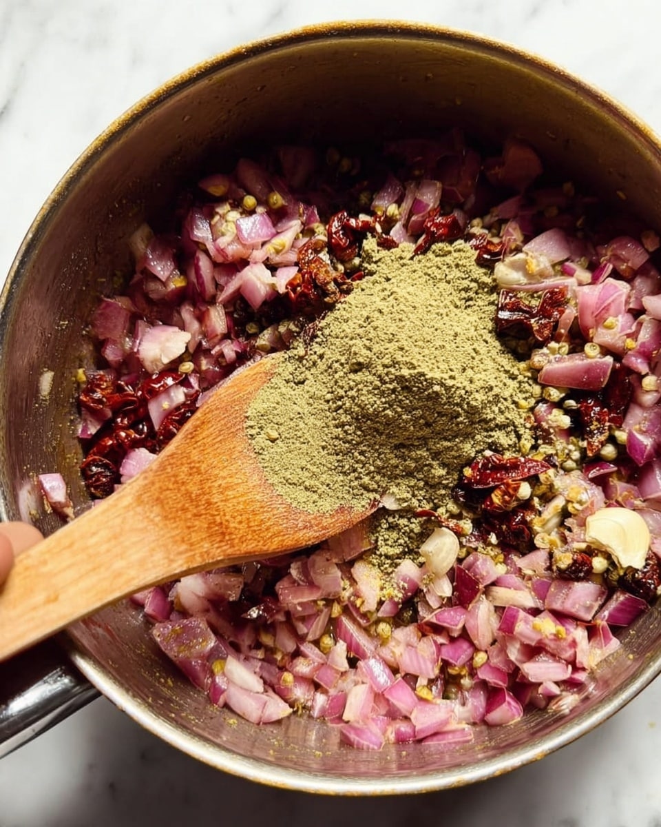 The image shows a close-up of a metal pot with finely chopped red onions mixed with various spices, including whole cloves and dried red chili peppers, evenly spread across the bottom. In the center of the pot, there is a dollop of greenish powdery spice placed on top of the onion mix. A wooden spoon is resting in the pot, touching the ingredients, with a woman's hand holding the spoon. The background is a white marbled texture. photo taken with an iphone --ar 4:5 --v 7