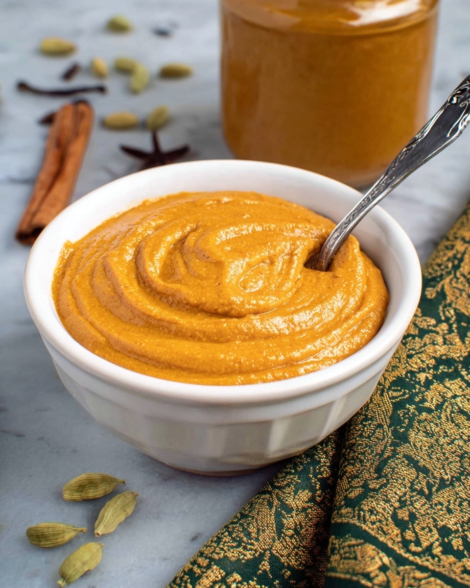 A white bowl filled with smooth, thick orange paste, swirled evenly on top with visible texture from blending, holding a metal spoon partially dipped in the paste on the right side. The bowl sits on a white marbled surface surrounded by whole spices including cinnamon sticks, green cardamom pods, and cloves scattered around. A green cloth with a golden patterned border is partially draped next to the bowl on the right side. In the background, a large glass jar with more of the same orange paste is slightly blurred, and a cinnamon stick leans against it. photo taken with an iphone --ar 4:5 --v 7