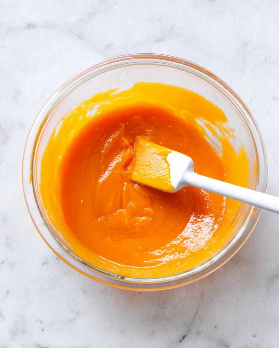 A clear glass bowl sits on a white marbled surface, filled with a smooth, bright orange puree. A white spatula with some orange puree on it is resting inside the bowl, showing the thick and slightly glossy texture of the puree. The bowl nearly fills the frame, capturing the vibrant color and creamy consistency of the mixture, with the pure orange standing out against the neutral background. Photo taken with an iphone --ar 4:5 --v 7