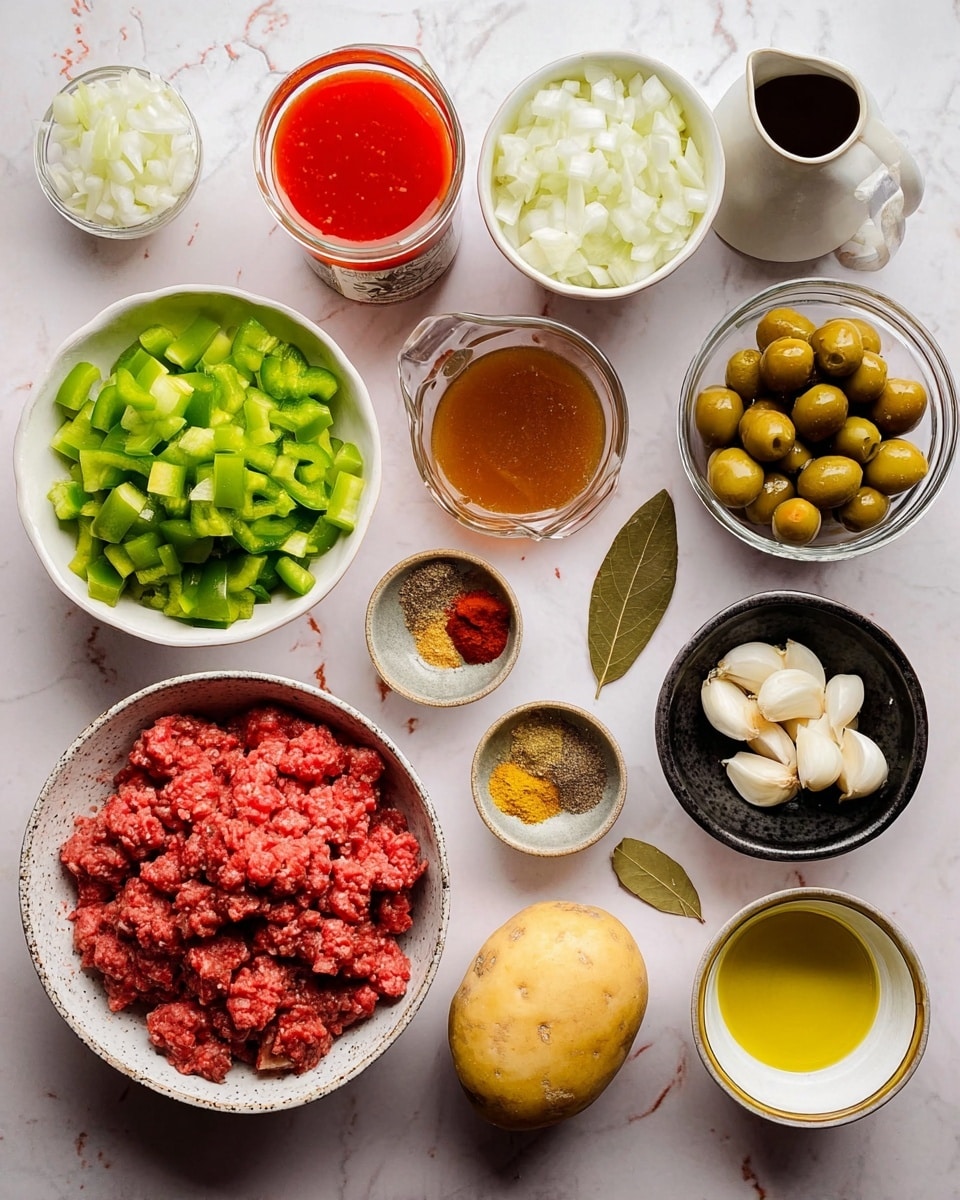 The image shows various ingredients for a recipe arranged neatly on a white marbled surface. In the center is a large white bowl with diced green bell peppers, to the top left another white bowl contains chopped white onions. A white bowl filled with green olives stuffed with pimentos is placed at the top right. A white creamer-style cup holds a red liquid, possibly hot sauce, positioned near the top center. A medium glass measuring cup with brownish liquid, likely broth, is near the middle. A smaller black bowl contains a mix of brown, yellow, and red spices, while a measuring cup has light brown raisins. Another small container carries several peeled garlic cloves. A large white bowl with speckles holds raw ground meat with a rich red color. Near the lower right is a yellowish potato, and a tilted can pours bright red tomato sauce from the bottom right. A small metal cup with golden oil sits among the ingredients. A single bay leaf is also on the surface. photo taken with an iphone --ar 4:5 --v 7