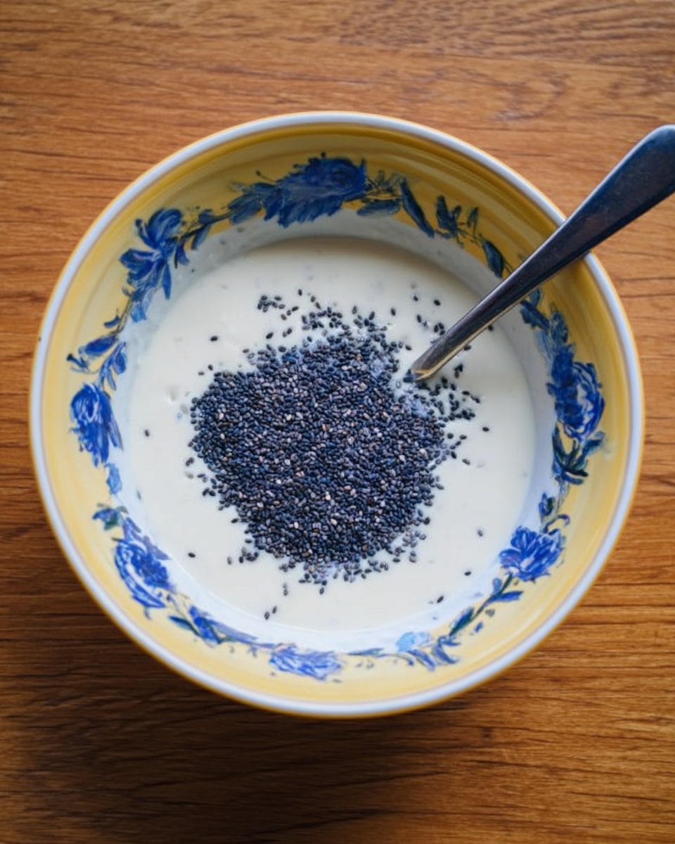 The image shows a white bowl with blue floral patterns on the inside edges and a yellow rim, filled with a smooth, creamy white base. On top of the creamy layer, there is a thick pile of small, dark blue seeds clustered in the center. A metal spoon rests inside the bowl, partially submerged in the white mixture and touching the seed pile. The bowl is on a wooden surface. photo taken with an iphone --ar 4:5 --v 7