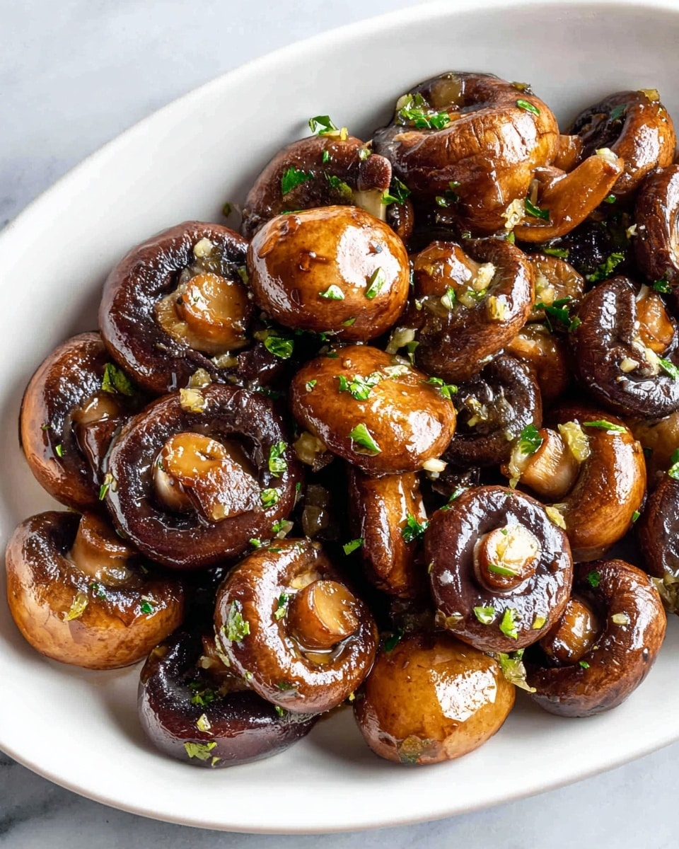 A white bowl filled with cooked sliced mushrooms, each piece shiny and rich brown in color with a slightly glazed texture, showing a mix of whole caps and half pieces. The mushrooms have small green herb bits sprinkled on them, adding a fresh contrast. The bowl sits on a white marbled surface with whole raw mushrooms placed nearby, showing their smooth brown tops and light beige undersides. The lighting highlights the moist and cooked texture of the mushrooms. photo taken with an iphone --ar 4:5 --v 7