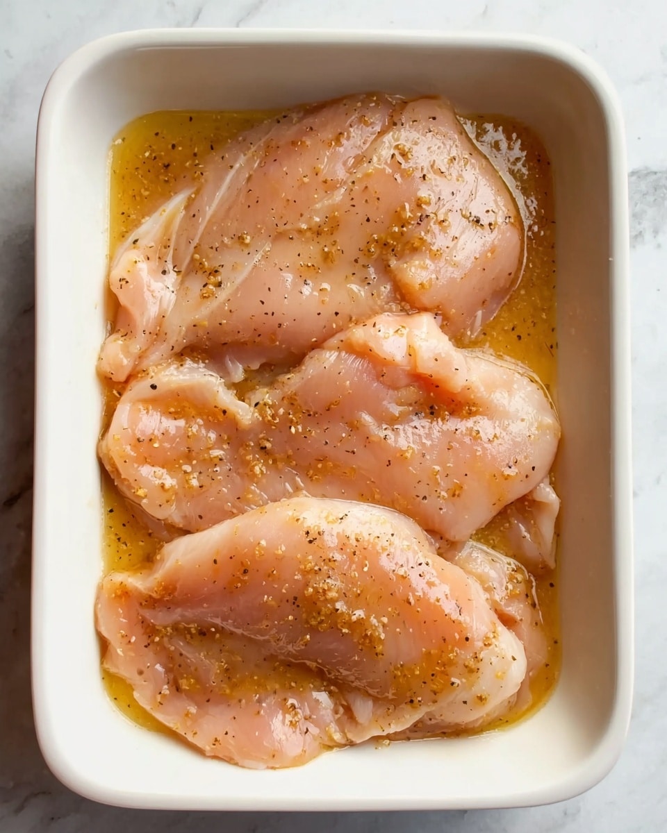 The image shows a white rectangular dish containing four pieces of raw chicken soaked in a light orange marinade with visible specks of black pepper. The chicken pieces lay flat, slightly overlapping each other, with a smooth and wet texture highlighted by the marinade’s shine. The dish rests on a white marbled surface, emphasizing the pale pink tone of the chicken and the soft orange color of the liquid around it. photo taken with an iphone --ar 4:5 --v 7