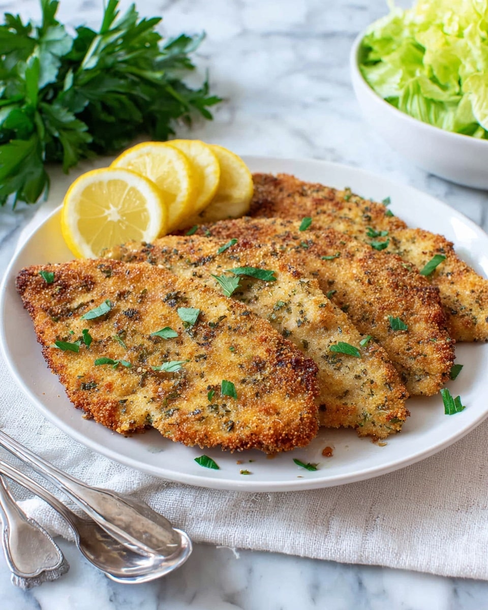 A white plate holds four thin, golden brown breaded fillets arranged slightly overlapping from left to right, each speckled with herbs and crispy edges. On top of the fillets, small pieces of green parsley are scattered. At the back of the plate, three lemon wedges sit upright with their bright yellow color contrasting against the fillets. The plate rests on a white cloth with a silver fork and spoon placed in front. The background shows a bunch of leafy green parsley on one side and a white bowl with green lettuce on the other, all on a white marbled surface. photo taken with an iphone --ar 4:5 --v 7