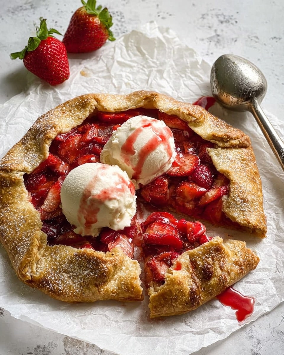 A golden brown rustic galette with a thick, rough-edged crust folded over a bright red strawberry filling that looks soft and juicy, topped with two scoops of creamy vanilla ice cream showing slight melting and a drizzle of red syrup. The galette sits on a piece of crumpled white parchment paper, on a white marbled surface. A strawberry with its green leaves is placed nearby, and a silver ice cream scooper lies next to the galette on the right side. The photo has natural lighting and shows textures clearly, photo taken with an iphone --ar 4:5 --v 7