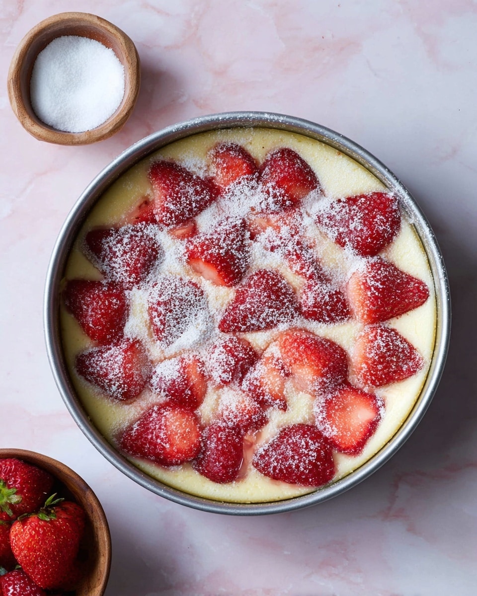 A round metal pan holds a dessert with three visible layers: a light yellow creamy base, a layer of whole red strawberries cut in halves placed evenly on top, and a dusting of white sugar sprinkled over the strawberries. The pan sits on a white marbled surface with a small brown bowl containing more white sugar nearby. The strawberries are fresh with a textured surface, and the sugar powder adds a soft, snowy look over them. Photo taken with an iphone --ar 4:5 --v 7
