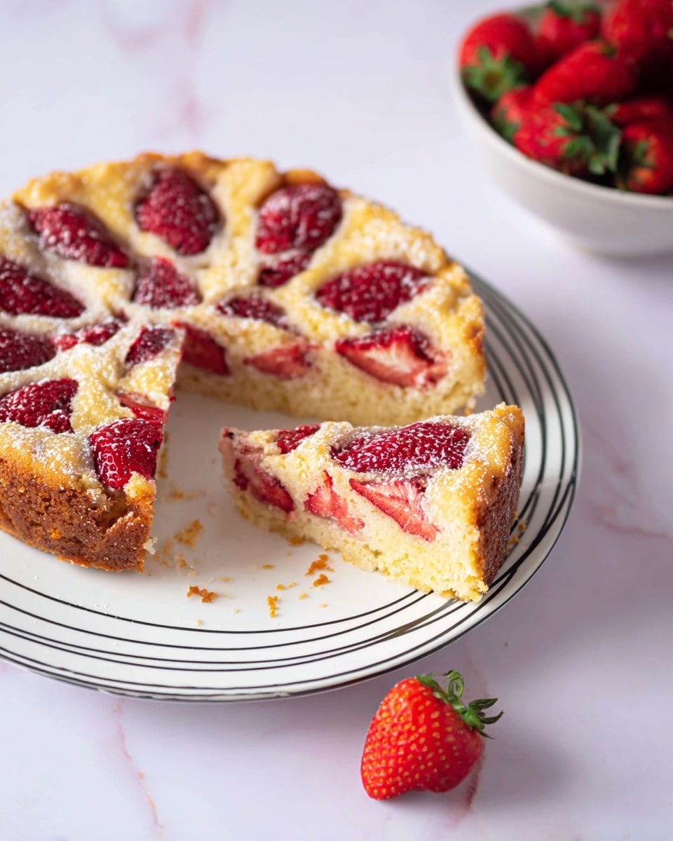 The image shows a strawberry cake with a single slice missing, placed on a white plate with black lines. The cake has two main layers: the top layer is dotted with large, deep red strawberries, partially embedded and surrounded by a golden-yellow, slightly rough textured batter. The outer edge of the cake has a darker golden-brown crust. Around the plate, there are small crumbs scattered. In the background, there is a bowl filled with fresh whole strawberries on a white marbled surface. photo taken with an iphone --ar 4:5 --v 7