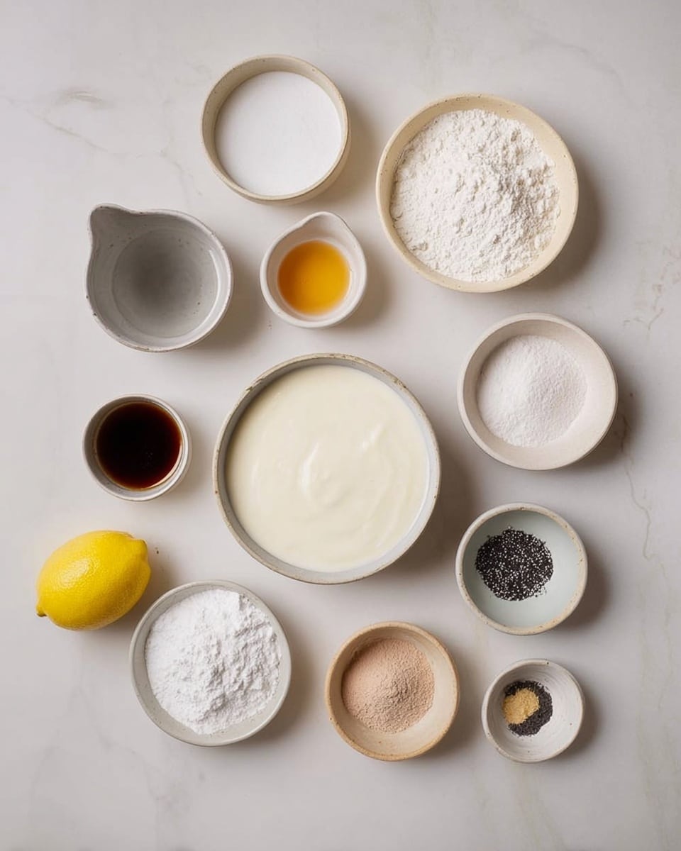 A top-down view of multiple small bowls and one lemon arranged on a white marbled surface, each containing different dry and wet ingredients for baking. The largest white bowl in the center holds creamy white milk, with a smaller white bowl beside it holding a small amount of clear light amber liquid. At the top right, a beige bowl is filled with white flour, and a small beige bowl at the top left has white powdered sugar. Below the flour, a white bowl contains dark brown liquid, while below that, a small light gray bowl holds white baking powder. At the bottom left, a beige bowl contains another white powdery ingredient. A larger bowl near the bottom center full of smooth white yogurt is placed next to a lemon on the left. Nearby, a small beige bowl holds three different powders in brown, white, and tan colors. At the bottom right, a small white bowl contains small black poppy seeds. The composition is neat with soft natural light. Photo taken with an iphone --ar 4:5 --v 7