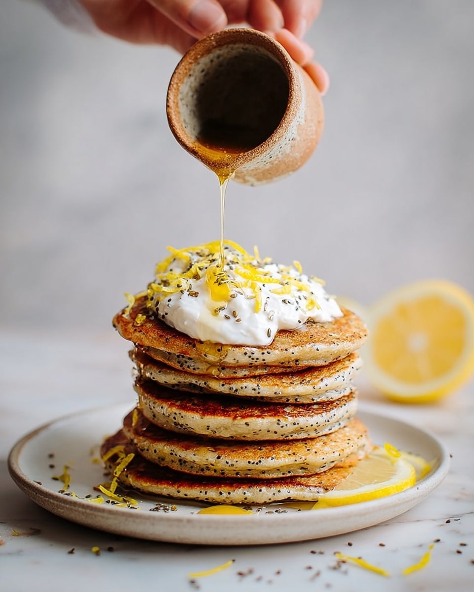 A stack of six light brown pancakes with black poppy seeds is placed on a white plate, resting on a white marbled surface. On top of the stack, there is a dollop of white cream with thin yellow lemon zest strands. A woman's hand is pouring golden syrup from a small rustic brown cup, with the syrup flowing down the sides of the pancakes. There are also lemon slices and scattered poppy seeds on the surface around the plate. photo taken with an iphone --ar 4:5 --v 7