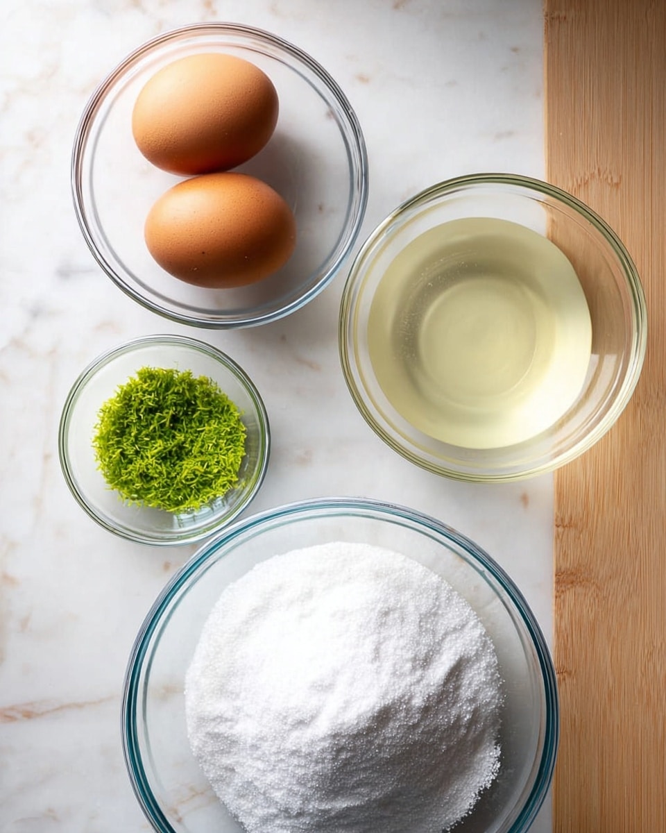 Four clear glass bowls sit on a white marbled surface with a wooden texture visible under part of the bowls. The largest bowl at the bottom holds a mound of fine white granulated sugar, smooth and evenly piled. To the upper left, a smaller bowl contains two brown eggs resting side by side. Near the top center, a tiny bowl holds bright green finely grated lime zest, slightly clumped. To the right, a medium bowl holds a pale yellowish liquid, slightly translucent. The scene is brightly lit, showing clear textures of all ingredients and bowls photo taken with an iphone --ar 4:5 --v 7