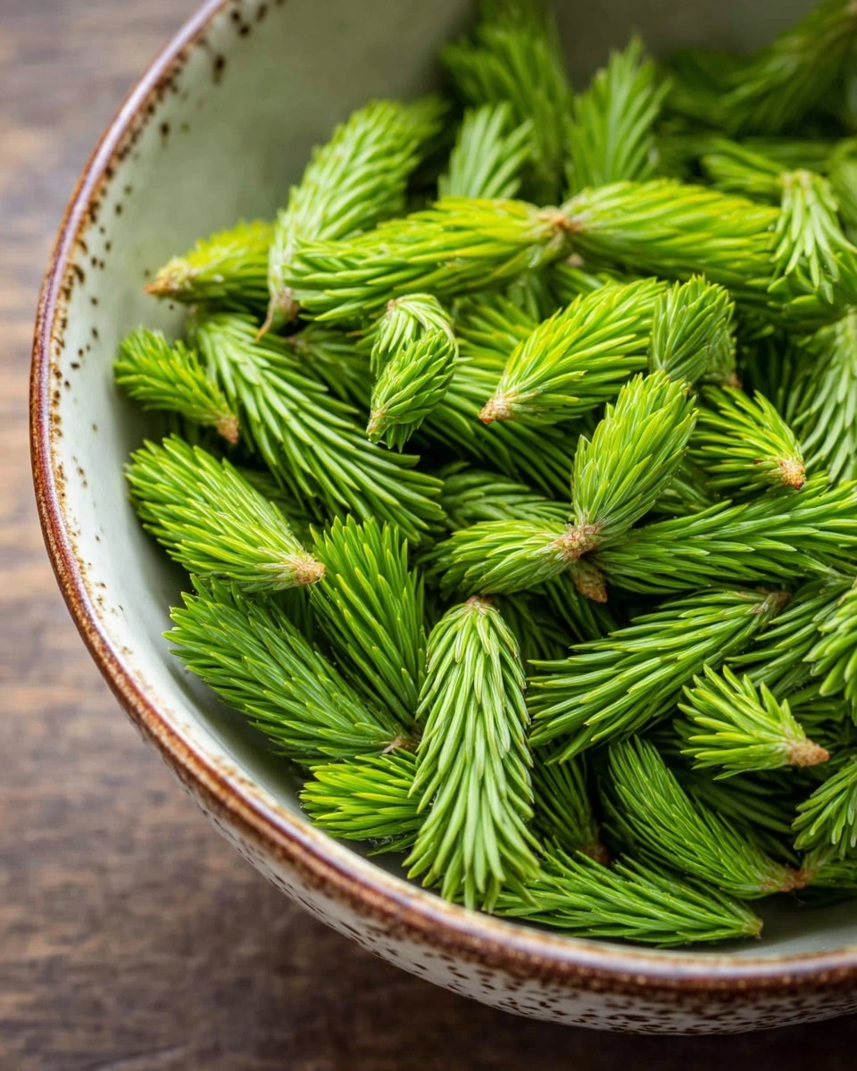 A close-up view of a bowl filled with fresh, bright green spruce tips that are small and pointed with a soft texture. The bowl is white with a brown speckled rim and holds a single layer of these vibrant green tips, filling it almost to the edge. The background shows a wooden surface blurred out, while the focus is sharp on the tips, showing their fine details and fresh look. photo taken with an iphone --ar 4:5 --v 7