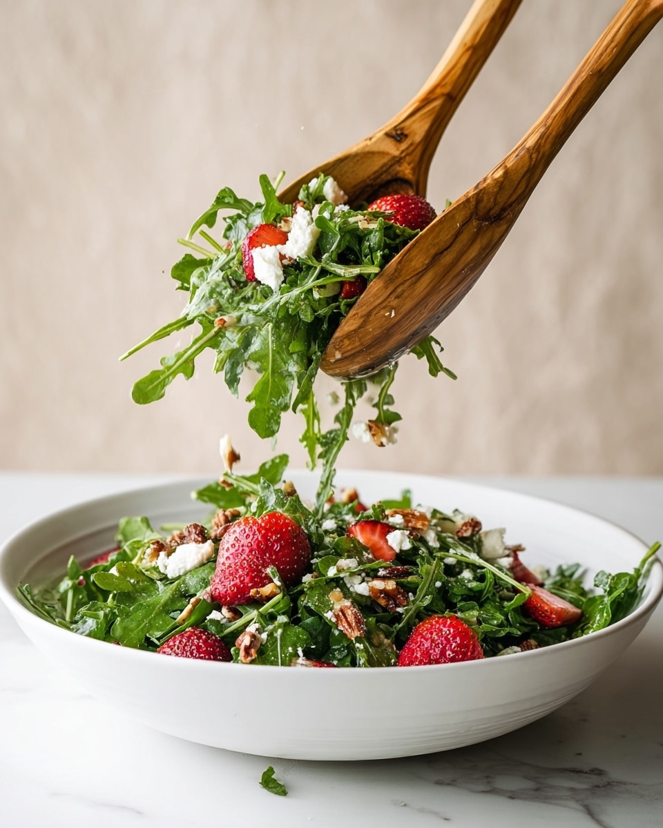 A fresh salad is shown being mixed with two wooden salad spoons. The salad is in a white bowl placed on a white marbled surface. The salad has two main layers: the base layer is made of dark green arugula leaves that look fresh and leafy, while scattered on top are bright red strawberries, small pieces of white cheese crumbles, and some brown nuts. The wooden spoons hold a mix of all these ingredients, lifting them above the bowl with some salad falling back into the bowl. The background is softly textured in a neutral tone. Photo taken with an iphone --ar 4:5 --v 7