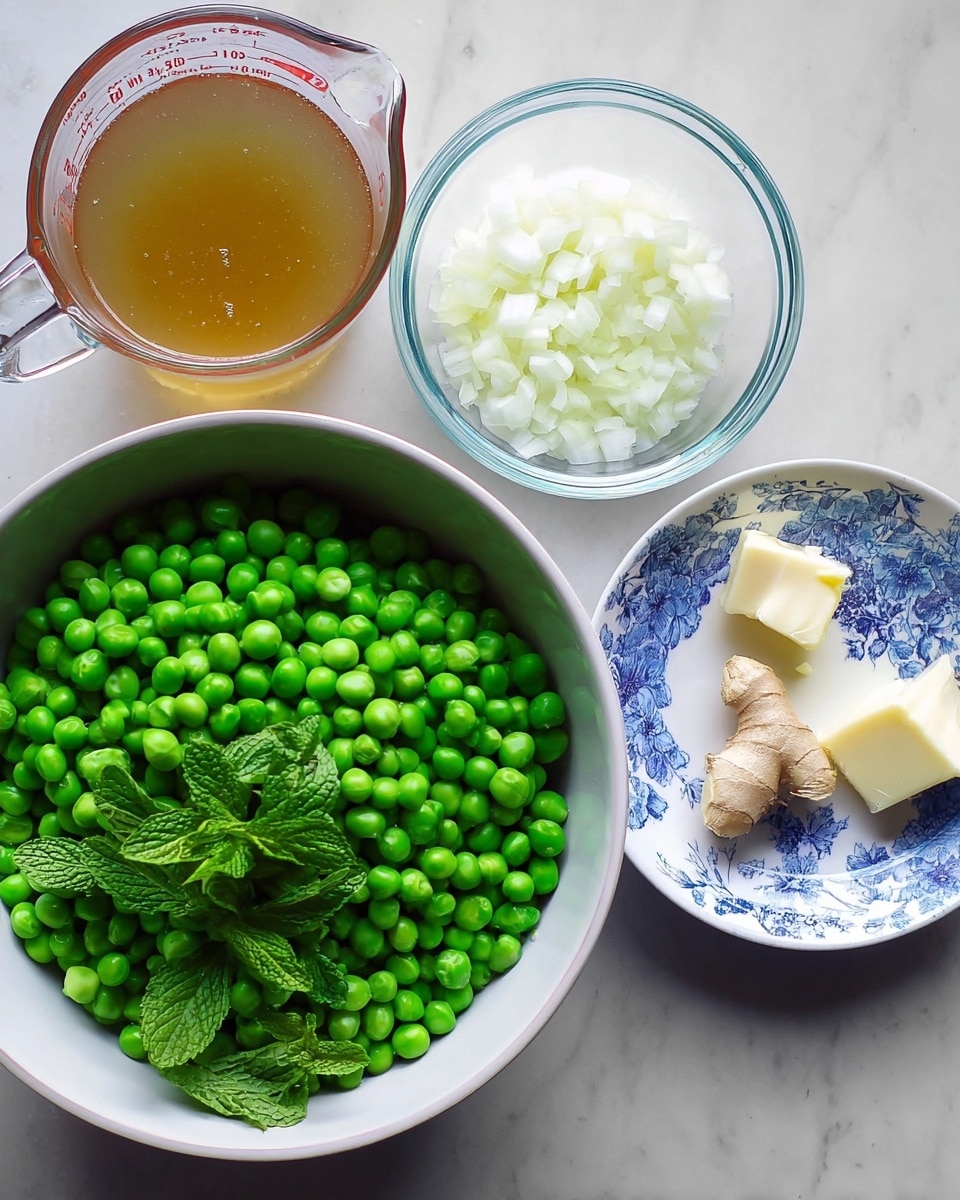 The image shows four containers of ingredients arranged on a white marbled surface: a large white bowl filled with bright green peas topped with fresh green mint leaves, a clear measuring cup with a light brown broth, a small clear bowl containing finely chopped white onions, and a small white plate with a blue floral pattern holding two small pieces of pale yellow butter and a small piece of light beige ginger. The colors are fresh and vibrant, creating a clean and simple preparation scene photo taken with an iphone --ar 4:5 --v 7