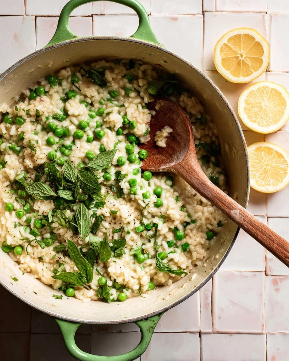 A close-up view of a white pot with a green handle filled with creamy risotto mixed with bright green peas and fresh green herb leaves on top. A wooden spoon rests inside the pot, partially buried in the risotto, stirring the mix. Around the pot, there are three lemon wedges placed on a white marbled surface with square tile details, adding a fresh and zesty touch to the scene. The risotto looks soft and textured with a slight shine, mixed evenly with the peas, creating a colorful contrast. photo taken with an iphone --ar 4:5 --v 7