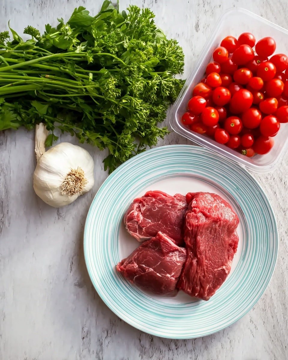 A white plate with light blue stripes holds three raw pieces of red meat at the center, showing a soft texture with some white fat lines. To the left of the plate, there is a fresh bunch of green parsley with many leaves and stems spread out. Above the parsley, a whole garlic bulb with off-white, papery skin sits on the surface. To the right of the plate, a clear plastic container is filled with small, shiny, bright red cherry tomatoes. All items rest on a white marbled texture surface. photo taken with an iphone --ar 4:5 --v 7