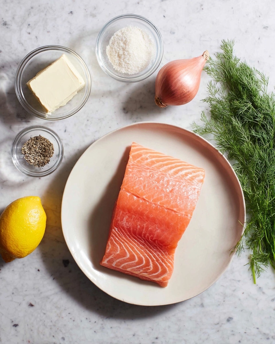 A smooth, pink salmon fillet with visible light striping lays flat in the center of a white plate, placed on a white marbled surface. Surrounding the plate are small clear glass bowls holding a white cube of butter, a white powdery substance, coarse black pepper, and a small amount of cream. To the right of the plate, a small bunch of green dill and a whole reddish shallot rest on the marbled texture, while a bright yellow lemon is positioned to the left of the plate. The lighting brings out the fresh colors and textures clearly, photo taken with an iphone --ar 4:5 --v 7