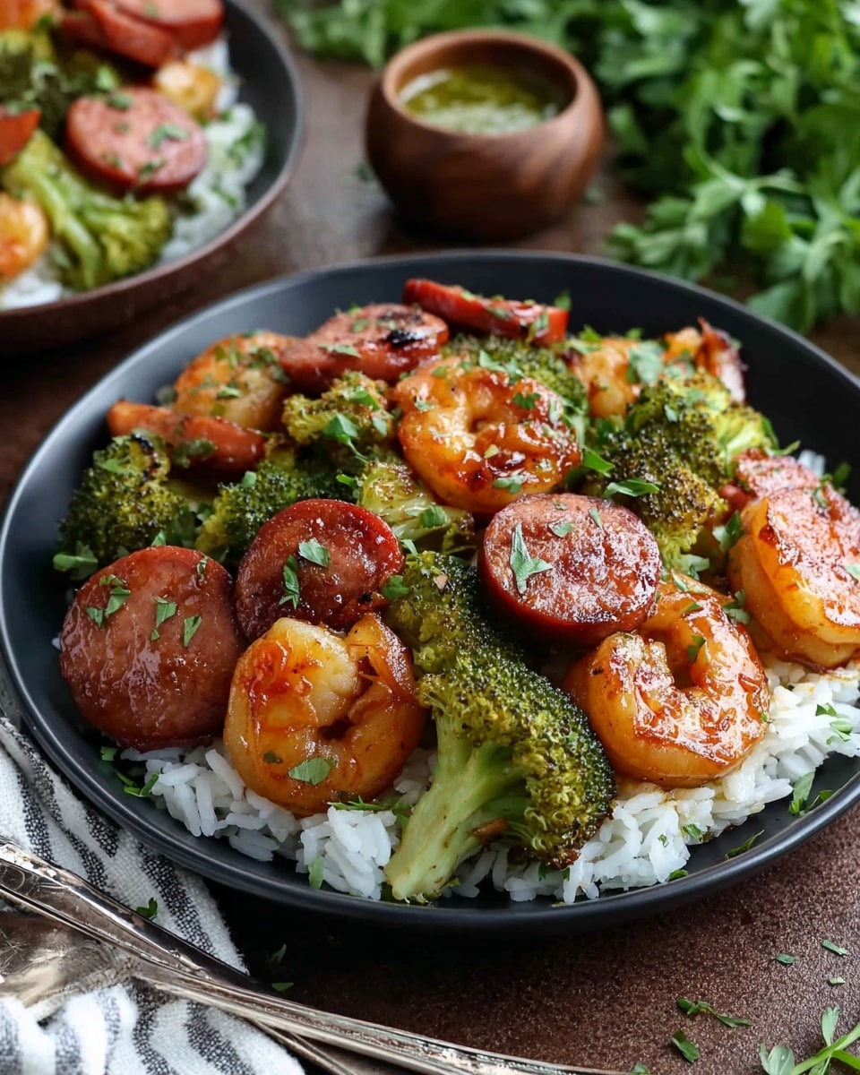 The image shows a black plate with a layer of white rice as the base, topped with pieces of orange-brown shrimp, round slices of reddish sausage, and bright green broccoli florets scattered all over. The shrimp and sausage have a shiny glaze, making them look cooked and juicy. The plate sits on a brown surface, with fresh green parsley and a wooden bowl with green sauce blurred in the background. There is also a silver fork nearby, and part of a striped cloth is visible near the edge of the photo. Photo taken with an iphone --ar 4:5 --v 7