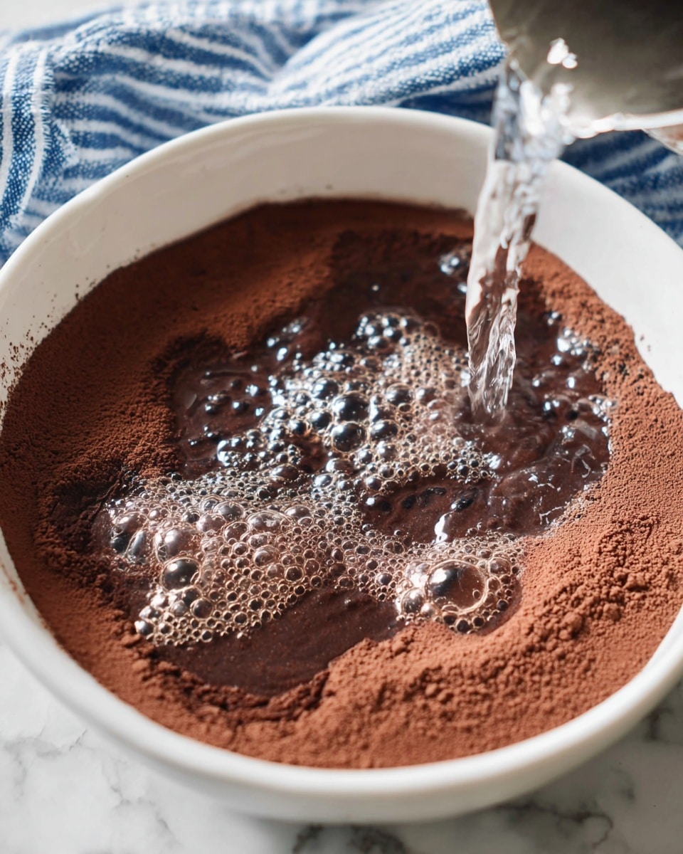 In a white bowl, there is a layer of dark brown cocoa powder with a rough, powdery texture. Over the cocoa powder, clear water is being poured, creating shiny, frothy bubbles and wet patches where the cocoa powder absorbs the water. The surface around the bowl shows a white marbled texture, and a blue cloth with white stripes is partly visible in the upper right corner. The water stream adds motion to the image, and the cocoa powder's deep brown color contrasts with the white bowl and background. Photo taken with an iphone --ar 4:5 --v 7