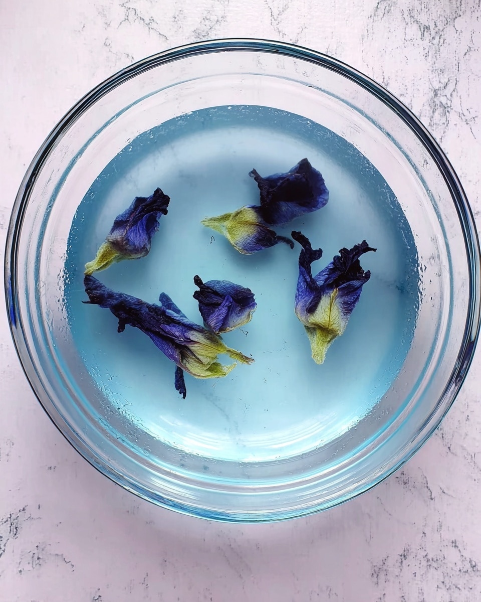 A clear round glass bowl filled with light blue liquid, in which five dark purple flower petals with light green bases float separately. The bowl sits on a white marbled surface that adds subtle texture to the background. The petals appear delicate with slightly curled edges, creating a contrast with the smooth, transparent liquid. photo taken with an iphone --ar 4:5 --v 7
