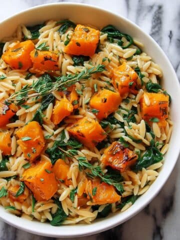 Creamy Orzo Pasta with Roasted Butternut Squash and Spinach Recipe