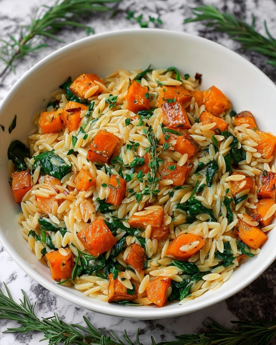 A white bowl filled with cooked orzo pasta mixed with bright orange roasted cubes of squash and fresh green spinach leaves. The orzo has a glossy, soft texture, while the squash pieces look slightly caramelized on the edges. Light green sprigs of fresh herbs are scattered on top, adding an extra touch of color and freshness. The bowl sits on a white marbled surface with green herb sprigs placed around it. photo taken with an iphone --ar 4:5 --v 7