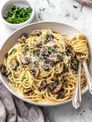 Miso Butter Pasta with Sautéed Shiitake Mushrooms and Vegan Parmesan Recipe