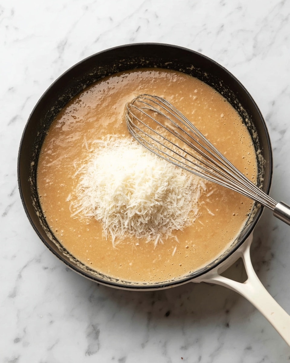 A black pan with a white handle sits on a white marbled surface, filled with a thick light brown sauce that looks smooth with some small lumps. In the middle of the sauce, there is a pile of finely grated white cheese. A silver metal whisk is resting in the pan, partially submerged in the sauce near the cheese. The photo has a clean, bright look with soft natural light. photo taken with an iphone --ar 4:5 --v 7