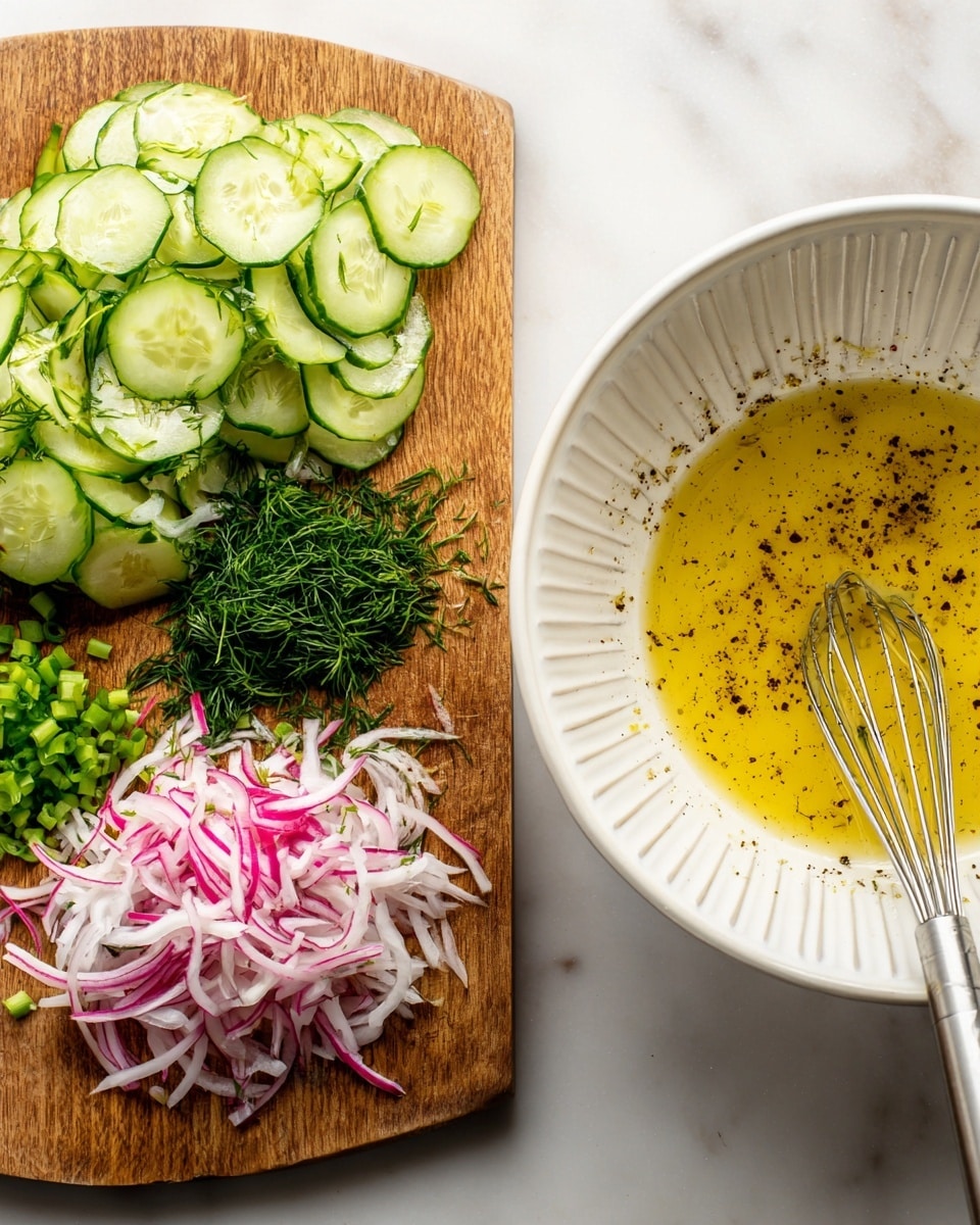 The image shows a white marbled surface with two main sections: on the left, a wooden board covered with thin, round slices of light green cucumber arranged in a loose pile at the top, a small bunch of finely chopped dark green dill herbs neatly placed above a pile of thin, white and pink strips of radish below, and a small cluster of chopped light green onions in the bottom left corner next to the radish strips. To the right, a white bowl with ridges holds a light yellow, slightly oily dressing speckled with black pepper, with a whisk resting inside it. The scene shows fresh, raw ingredients and a simple dressed sauce, all placed carefully. Photo taken with an iphone --ar 4:5 --v 7