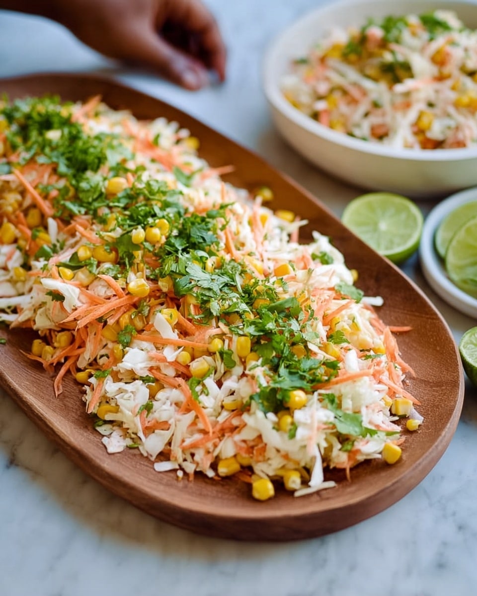 The image shows two white oval plates placed on a white marbled surface. The main plate holds two piled servings of a fresh salad made of shredded light green cabbage, small yellow corn kernels, thin light orange carrot strips, and topped with chopped green herbs. Nearby, there is a smaller white bowl filled with extra shredded cabbage and carrots. Three lime wedges with a bright green outer skin and light green inner flesh are placed casually close to the plates. A gray cloth napkin is softly folded near the bowl, adding texture to the scene. The colors are fresh and natural, with a mix of light greens, yellows, and oranges. Photo taken with an iphone --ar 4:5 --v 7