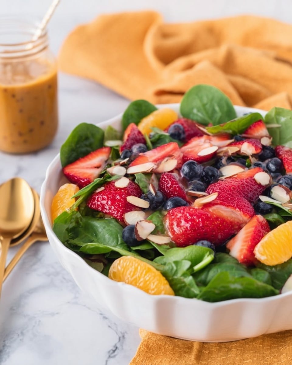 A white bowl on a white marbled surface filled with a colorful salad in about three layers: the base layer is fresh green spinach leaves with smooth texture and visible veins; on top, there are bright orange segments scattered evenly; the top layer has large, sliced red strawberries and small dark blueberries spread throughout, along with thin, off-white almond slices adding texture contrast. In the background, a woman's hand is holding a clear dressing bottle with an orange-brown dressing visible inside, placed near a mustard-colored cloth and gold-colored salad serving utensils. photo taken with an iphone --ar 4:5 --v 7