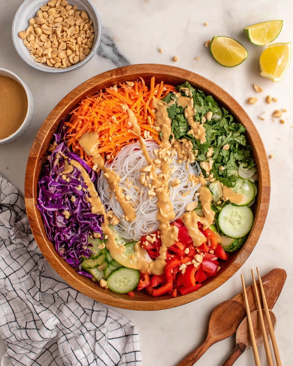 A round wooden bowl holds a colorful layered salad with seven distinct sections: on the top left, orange shredded carrots, next to it white rice noodles, then bright green chopped cilantro on the right, below is a mix of bright red bell pepper slices, deep purple shredded cabbage at the bottom left, bright green cucumber slices arranged in the middle, and a small lemon wedge on the purple cabbage section. A creamy tan sauce is drizzled over the entire salad from top to bottom, and sprinkled with crushed peanuts. Surrounding the bowl on a white marbled surface are a small bowl of crushed peanuts, a small bowl of sauce, lemon wedges on a checked cloth, and wooden salad spoons. Photo taken with an iphone --ar 4:5 --v 7