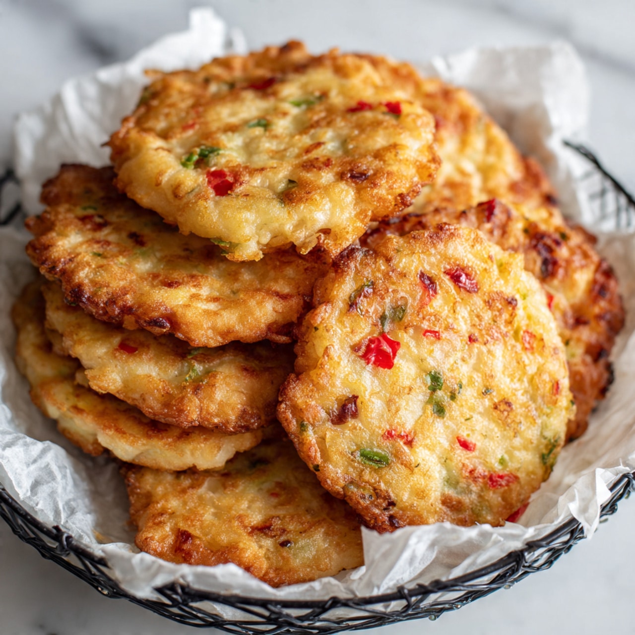 The image shows a stack of golden-brown fritters with a slightly bumpy texture, each about two layers thick. The fritters have visible small red and green bits, likely pieces of pepper and herbs, scattered evenly inside. They are placed closely together on white parchment paper, which lines a black cooling rack. The background and surface are white with a marbled texture, and the overall lighting highlights the fritters' crispy edges and warm color. photo taken with an iphone --ar 4:5 --v 7