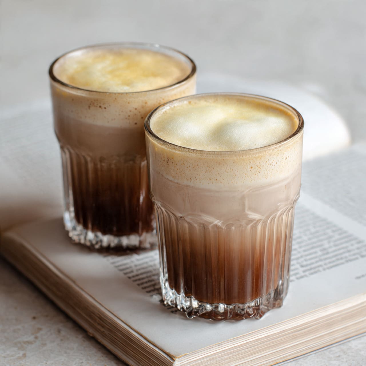 Two clear glasses with vertical ridges are shown, each filled with a two-layer drink placed on a white marbled surface over an open book or magazine with a white background. The bottom layer is dark brown and thick, taking about one-third of the glass height, with a slightly grainy texture. The top layer is pale creamy white, smooth and frothy, filling the remaining two-thirds of each glass. Both glasses have a scalloped rim and are positioned close to each other, with light softly highlighting the layers. photo taken with an iphone --ar 4:5 --v 7