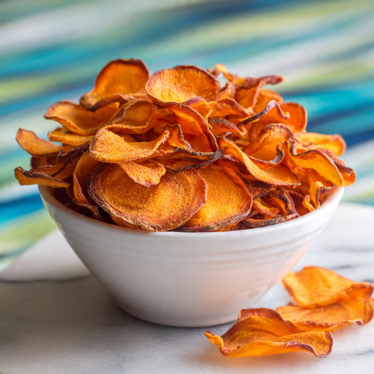 A white bowl filled with many thin, curved, orange carrot chips stacked high. The carrot chips have darker brown edges showing they are baked or roasted with a crispy texture. Some chips are loose on the white marbled surface around the bowl. The background has soft stripes of blue, white, and green. The photo taken with an iphone --ar 4:5 --v 7