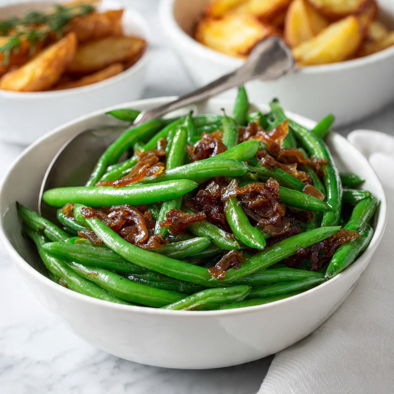 A white plate is filled with a bed of white rice as the bottom layer, topped on one side with green beans that are cooked and shiny with a slight spicy red seasoning and small bits of garlic scattered on them, and on the other side with tender, shredded brown meat in a rich sauce. The plate sits on a white marbled surface with some white cloth partially visible in the background. photo taken with an iphone --ar 4:5 --v 7