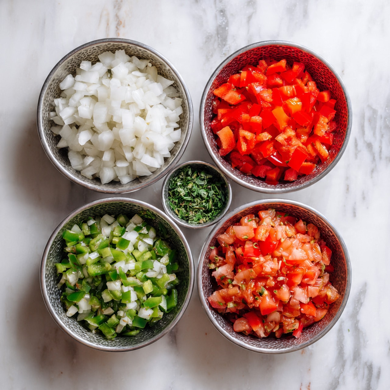 Five small silver bowls sit on a white marbled surface. Each bowl holds finely chopped vegetables. The top right bowl contains bright red chopped bell peppers. The middle right bowl has white chopped onions with a slightly translucent look. The bottom left bowl is filled with chopped red tomatoes that appear juicy. The bottom left bowl holds medium-green chopped green bell peppers, and the top left bowl contains small pieces of green herbs. The view is from above, showing the colors and textures clearly. Photo taken with an iphone --ar 4:5 --v 7