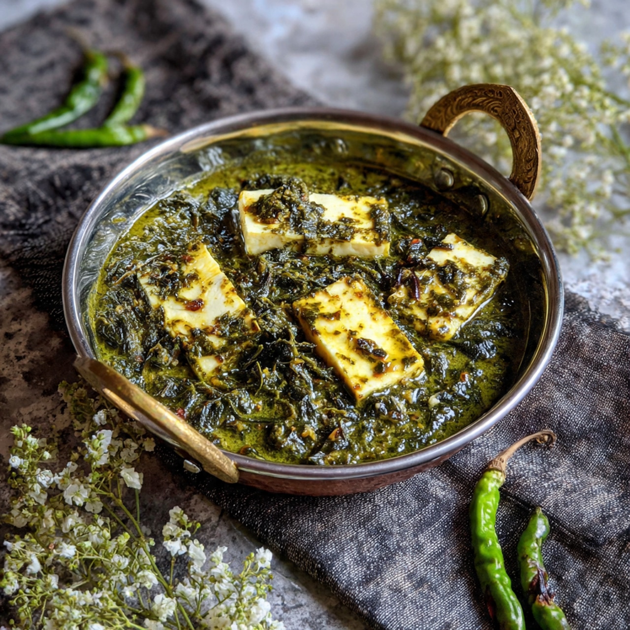 A round silver bowl with gold handles holds a thick, creamy green curry with visible leafy textures mixed in. Inside the curry are several rectangular pieces of pale yellow paneer, slightly browned on the edges, partially submerged in the sauce. The curry has a smooth, slightly chunky texture with darker green and brownish herbs mixed throughout. The bowl sits on a dark textured cloth with green chilies and small white flowers scattered nearby on a white marbled textured surface. Photo taken with an iphone --ar 4:5 --v 7