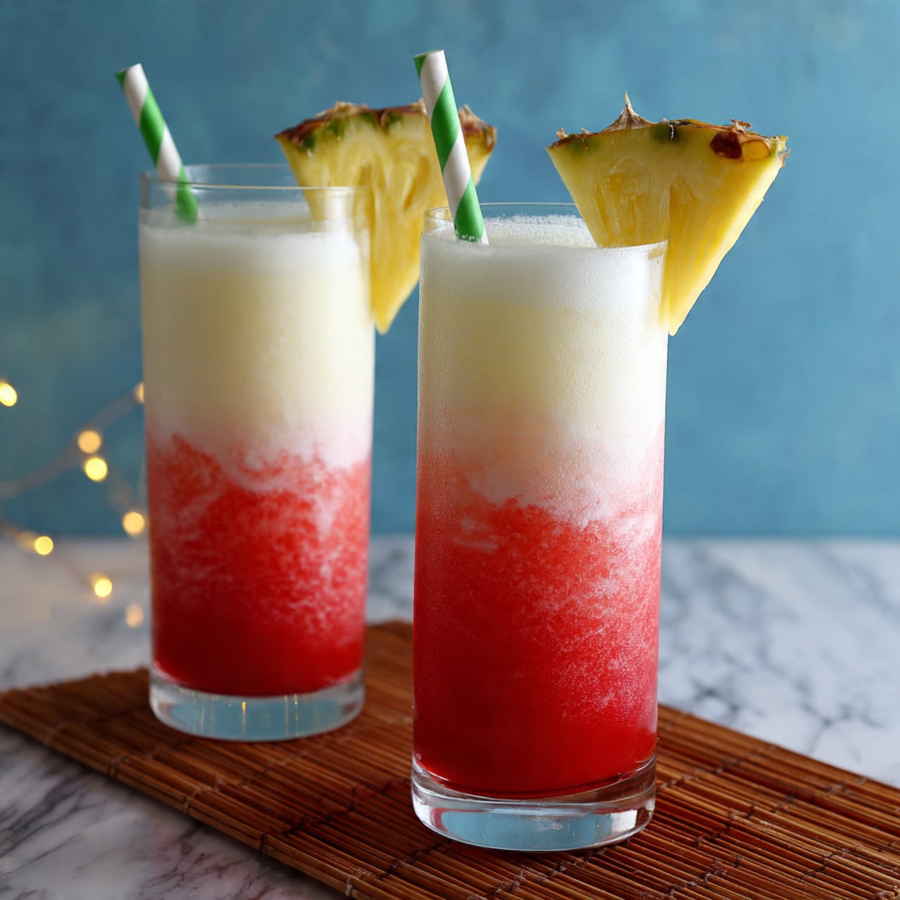 Two tall clear glasses filled with a layered drink are shown on a white marbled surface. Each glass has a thick bright red bottom layer with a slightly textured, icy look. Above the red layer is a creamy white top layer, slightly swirled into the red below. Each glass is decorated with a fresh yellow pineapple slice on the rim. Both glasses have white and green striped paper straws. The background is light blue with soft white bokeh spots. Photo taken with an iphone --ar 4:5 --v 7