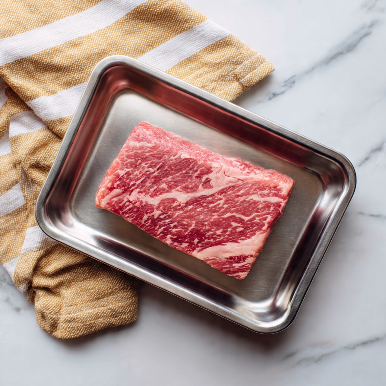 A rectangular piece of raw marbled red meat with light pink fat evenly spread inside it rests in a shiny steel tray. The tray sits on a surface with a white marbled texture. A tan cloth with white stripes peeks in from the top left corner. Photo taken with an iphone --ar 4:5 --v 7