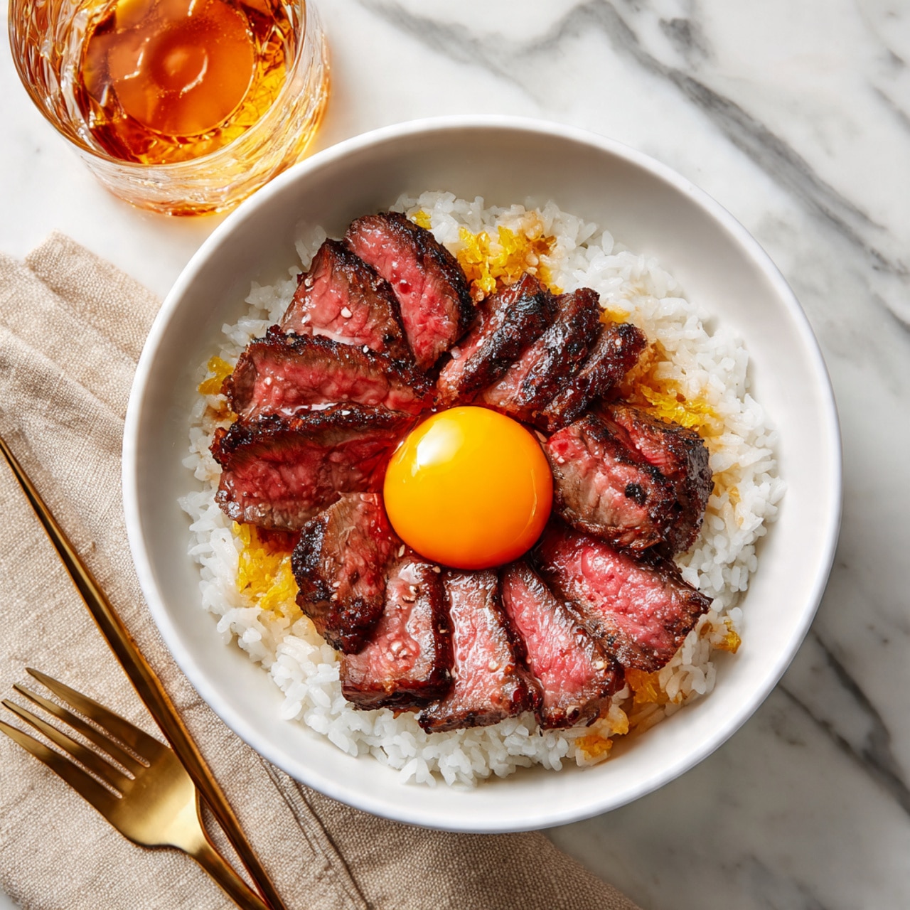 A green bowl holds a base layer of white rice, topped with five thick slices of dark pink cooked beef arranged in a circular pattern. In the center, a shiny orange sauce covers part of the beef. A pair of gold chopsticks held by a woman's hand is placing the sauce. The bowl is on a white marbled surface, with a tan cloth napkin and a clear glass with a light-colored drink in the background. Photo taken with an iphone --ar 4:5 --v 7