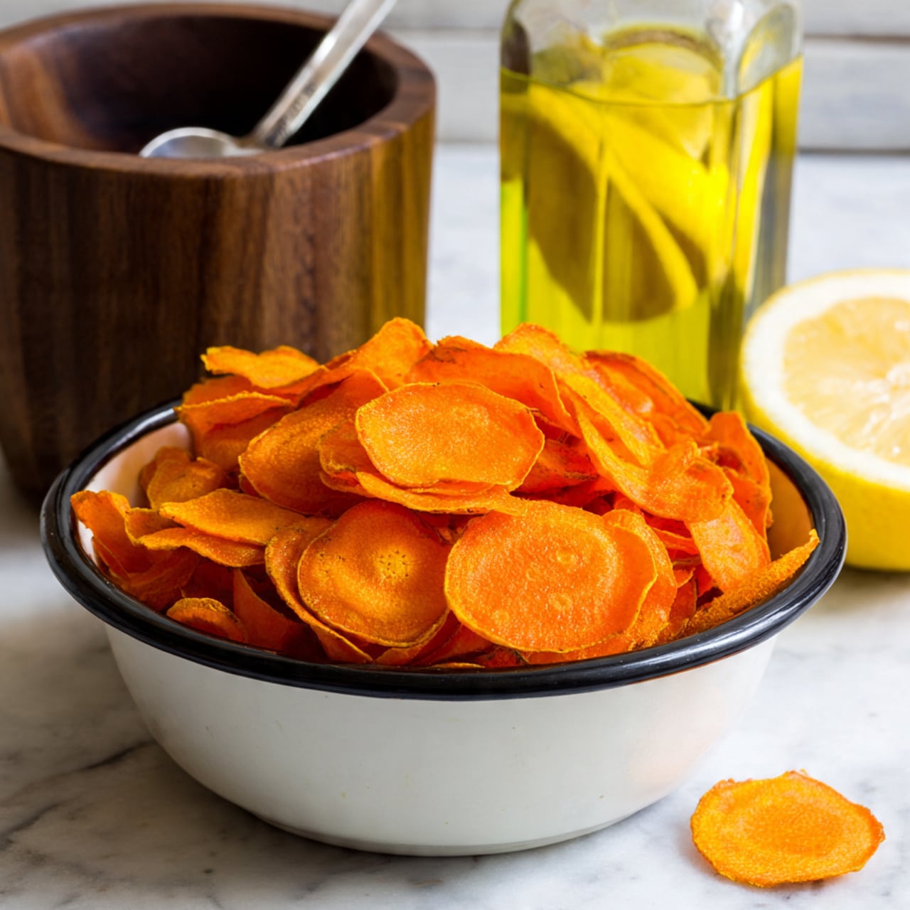 A white bowl with a black rim is full of thin, bright orange carrot slices layered unevenly inside. Behind the bowl, there is a dark wooden container with a metal spoon resting on top and a clear glass bottle filled with yellow oil and a lemon slice inside. The surface beneath is white with a marbled texture, adding a clean look to the scene. photo taken with an iphone --ar 4:5 --v 7