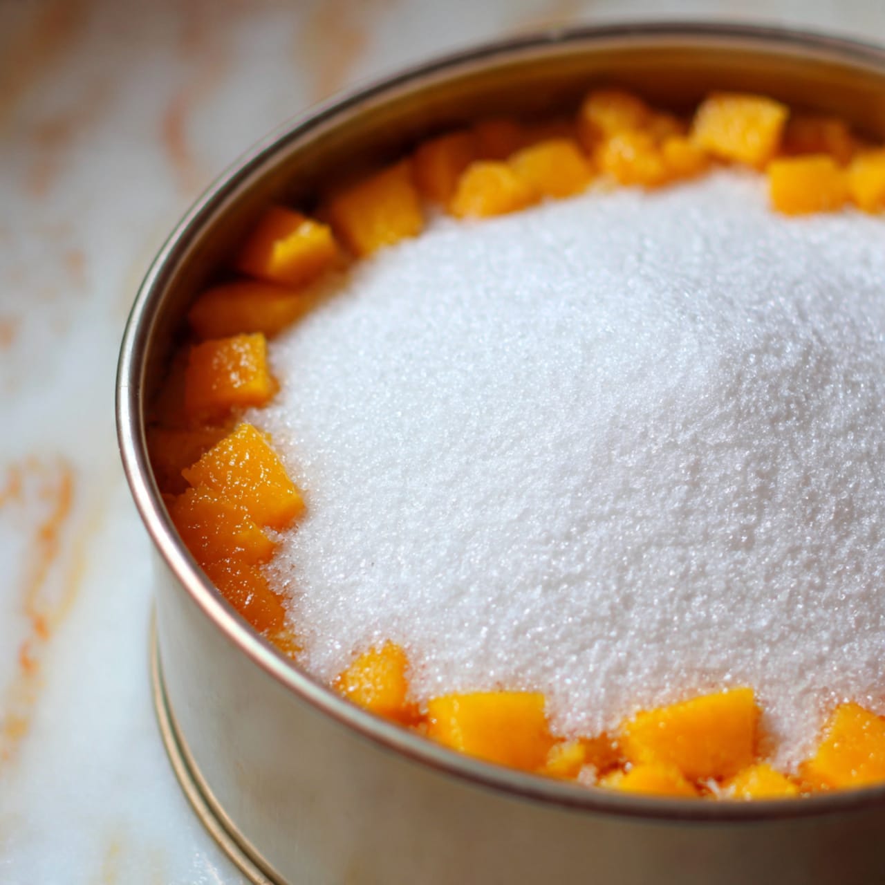 The image shows a close-up view of a pot filled with a layer of small orange chunks at the bottom, which look soft and smooth in texture. On top of this layer, there is a thick even layer of white granulated sugar, covering most of the orange pieces but letting a few of them peek through. The edges of the pot are slightly visible with a metallic shine, and the background is softly blurred with a warm tone. The whole scene sits on a white marbled surface. photo taken with an iphone --ar 4:5 --v 7