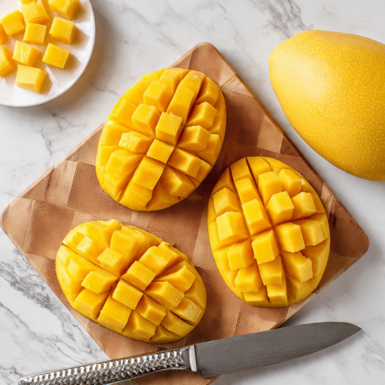 The image shows one whole yellow mango and three mango halves on a wooden checkered cutting board. Two mango halves have a grid pattern cut into their bright yellow flesh, and one half has the skin peeled back in squares. A silver knife with a textured handle is lying next to the mango halves. In the top left corner, there is a white plate with small yellow mango cubes on it. The scene is set on a white marbled surface. photo taken with an iphone --ar 4:5 --v 7