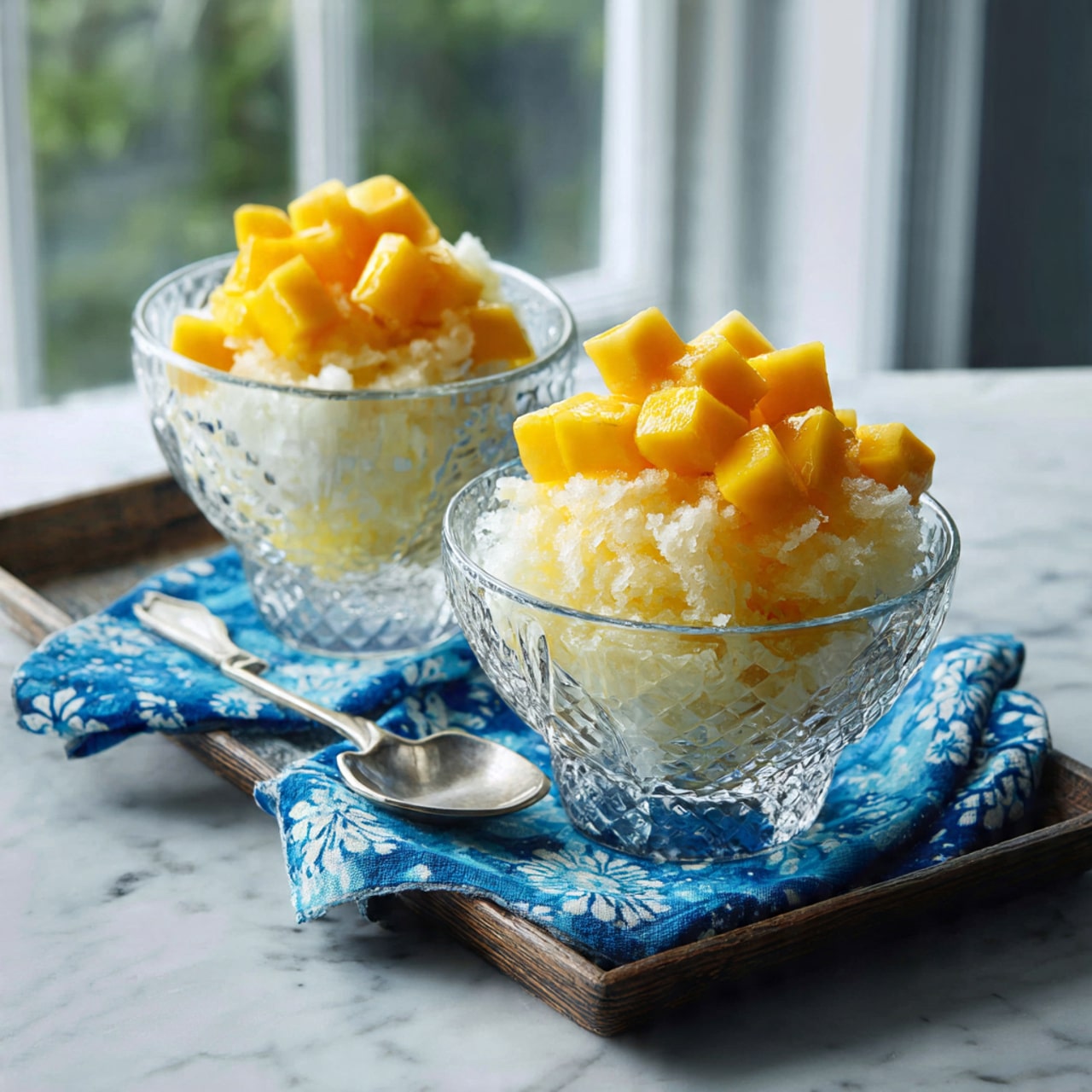 There are two clear glass bowls, each holding a dessert made of two layers. The bottom layer is light yellow with a soft, crumbly texture. The top layer consists of bright orange cubes with a smooth, slightly shiny surface. A silver spoon is placed inside the front bowl, scooping a mix of both layers. The bowls are sitting on a blue cloth with white daisy patterns, and the whole setup is on a white marbled surface. Photo taken with an iphone --ar 4:5 --v 7