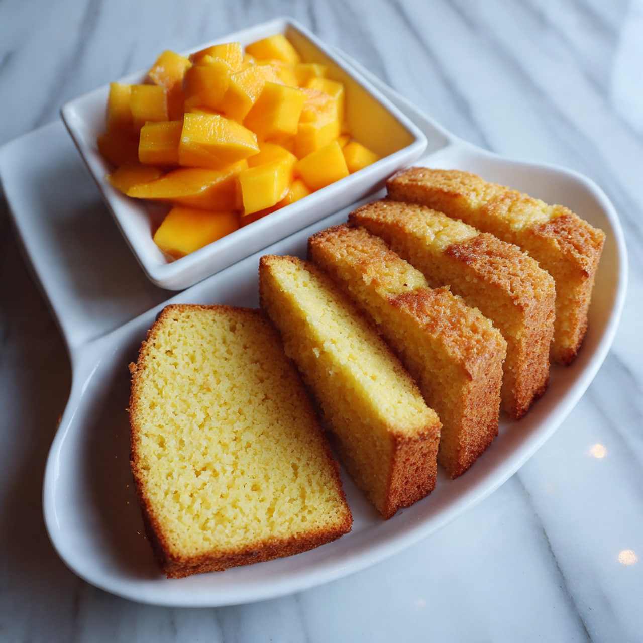 The image shows four slices of bright orange cake placed closely in a row on a white plate. The cake has a soft and light texture with a slightly darker golden brown crust on the edges. The plate sits on a white marbled surface, adding a clean and simple background to the warm tones of the cake. Photo taken with an iphone --ar 4:5 --v 7