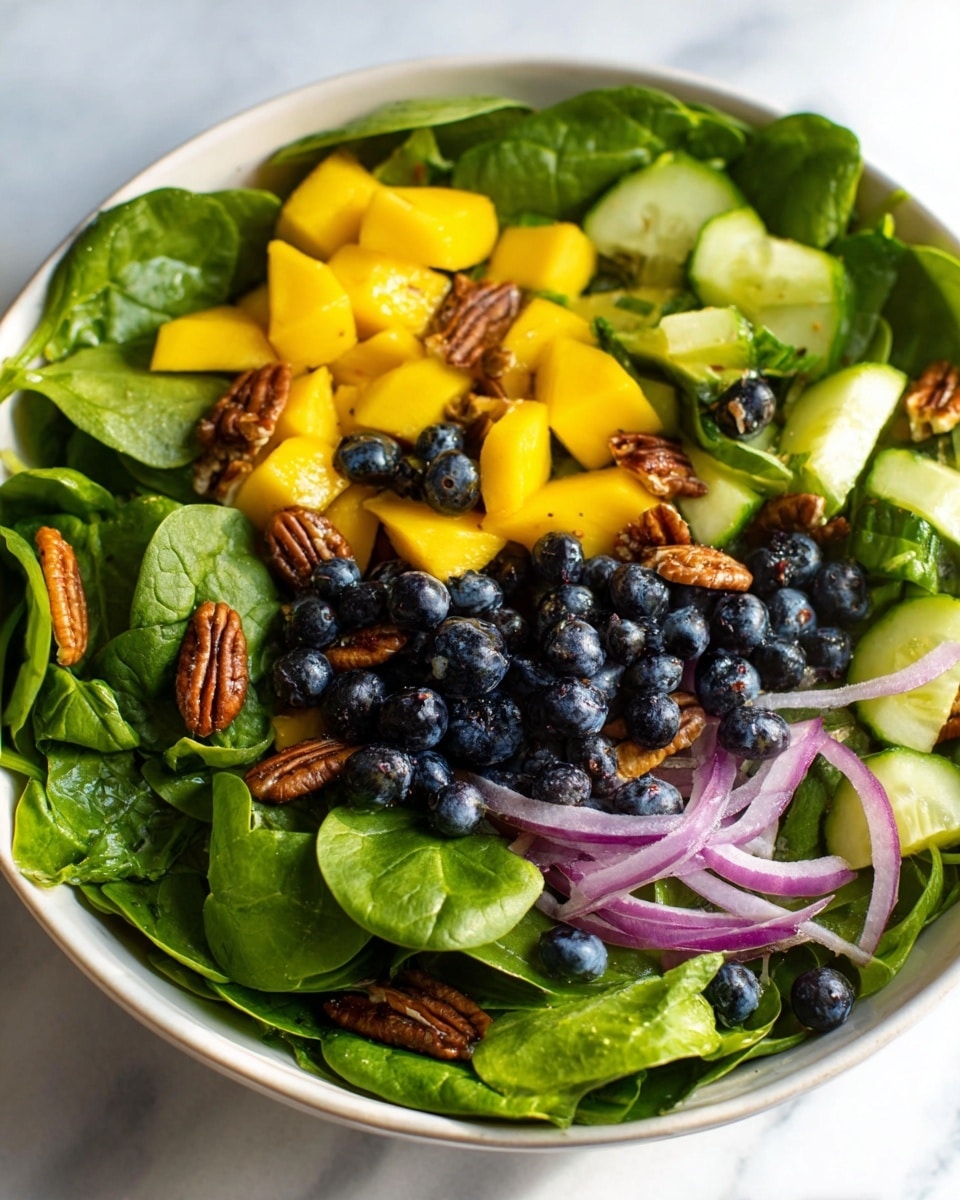 A white bowl filled with three main layers: the bottom layer is fresh green spinach leaves with a smooth, slightly shiny texture; the middle layer has bright yellow mango chunks and pale green cucumber pieces scattered evenly; the top layer consists of dark blue blueberries, brown pecans, and thin rings of purple-red onion mixed throughout. The bowl sits on a white marbled surface with soft natural light highlighting the vibrant colors and textures of the salad photo taken with an iphone --ar 4:5 --v 7