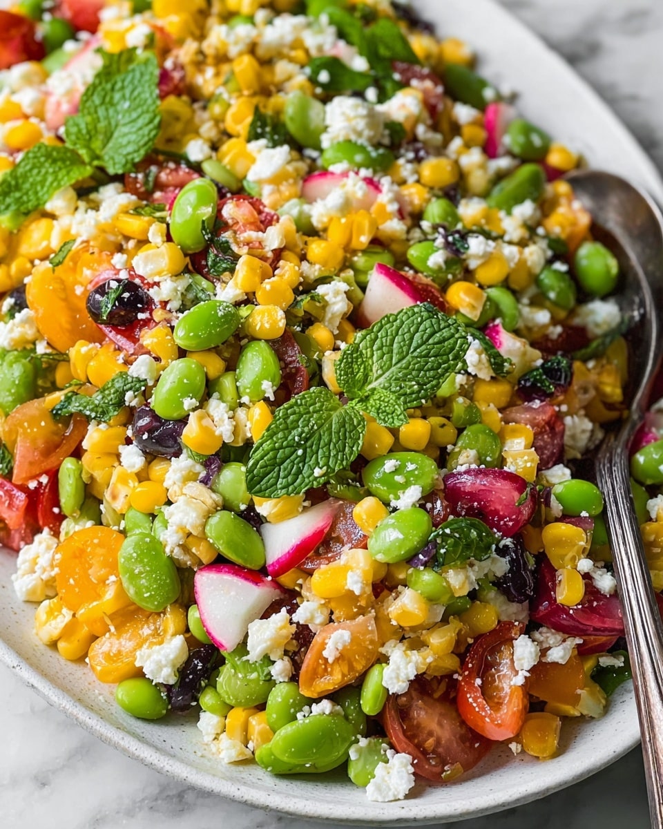 A close-up of a colorful mixed salad piled high on a white plate over a white marbled surface, showing many small pieces and layers including bright yellow corn kernels, green broad beans, red and yellow tomato chunks, small black olive slices, thin radish slices with red edges, and white crumbled cheese scattered evenly across the top. Fresh green mint leaves are placed on top as garnish. A silver spoon rests on the right side in the salad. photo taken with an iphone --ar 4:5 --v 7