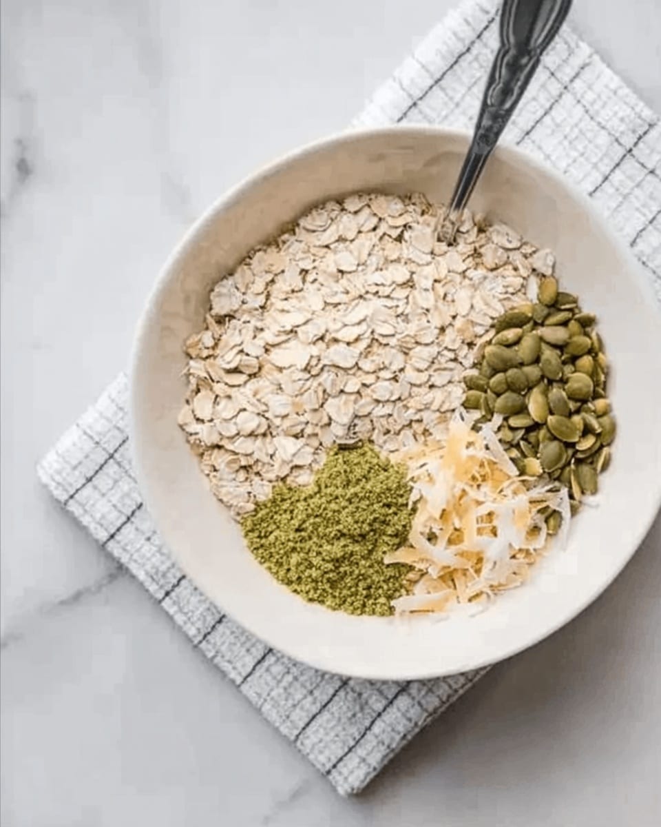 A white bowl sits on a white marbled surface with a white and gray checkered cloth underneath. Inside the bowl, four different ingredients are neatly placed in distinct sections. There is a large portion of light beige rolled oats, a smaller pile of green pumpkin seeds, a bright green finely ground powder next to them, and thin, light yellow coconut flakes. A silver spoon is resting on the side of the bowl, partly over the oats. photo taken with an iphone --ar 4:5 --v 7