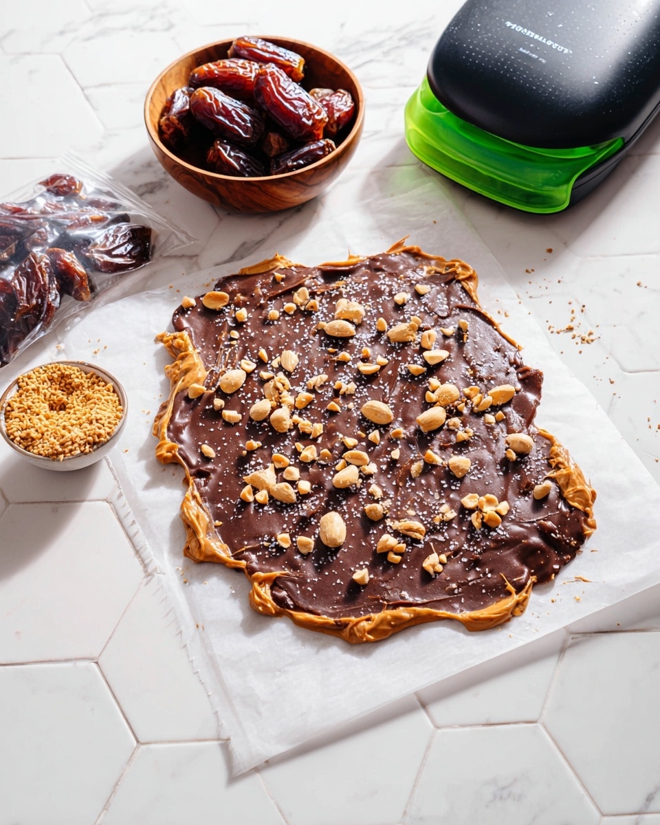 The image shows a flat treat on white parchment paper placed on a white marbled hexagonal tile surface. The base layer consists of chopped dark brown dates forming the shape of the treat. On top of the dates, there is a spread of light brown peanut butter peeking out around the edges. Covering the peanut butter layer is a smooth, shiny layer of dark chocolate, sprinkled with whole light brown peanuts and small flakes of sea salt scattered evenly. To the left, there is a small wooden bowl filled with more chopped dates, and in the upper left corner, a vacuum-sealed bag of dates. On the upper right side, there is a black FoodSaver device with a transparent green bottom and a black container. Photo taken with an iphone --ar 4:5 --v 7