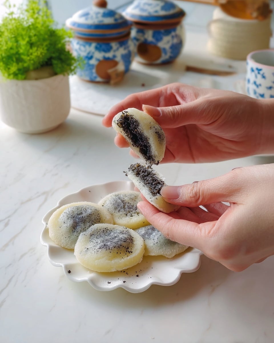A pair of woman's hands hold a round, translucent food item that is being pulled apart, revealing a black and white textured filling stretched between the two halves. Below, a white scalloped plate holds several more of these round pieces, each with a pale, slightly golden outer layer and a visible dark filling inside. The scene is set on a white marbled surface with soft natural light, and in the background, there are small ceramic containers with blue and brown patterns and a small green plant in a white pot. photo taken with an iphone --ar 4:5 --v 7